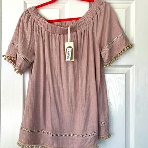 NWT La Miel off shoulder blouse with Pom Pom trim. Blush pink. Size Large